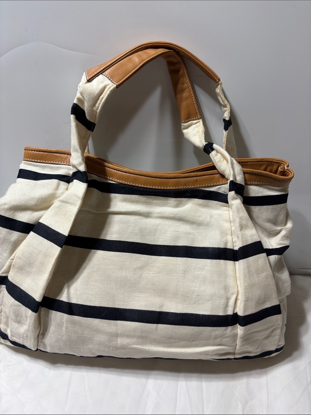 Ann Taylor Cream and Black Striped Tote with Tan Leather Trim. NWT